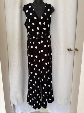 Karl Lagerfeld Black and White Polka Dot Sleeveless Belted Jumpsuit